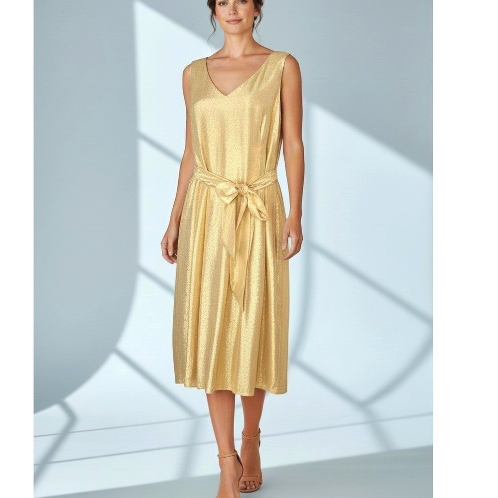 Lafayette 148 Metallic Gold Silk Blend Dress Tie Waist Cocktail Evening Size 10